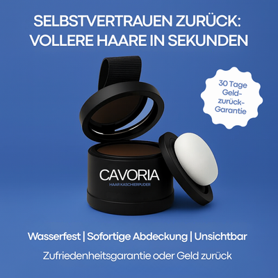 Cavoria Haar Kaschierpuder – schwarze Dose mit Applikator und Spiegel, verspricht volleres Haar in Sekunden. Wasserfest, unsichtbar, sofortige Abdeckung, mit 30-Tage-Geld-zurück-Garantie.