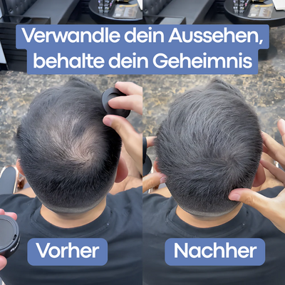 Vorher-Nachher-Ergebnis mit Cavoria Haar Kaschierpuder: lichte Stelle am Hinterkopf wird in Sekunden kaschiert, Haar wirkt voller und natürlich dicht.“