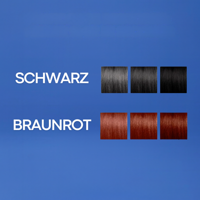 Cavoria Haar Kaschierpuder Farbguide – erhältlich in Schwarz für dunkles Haar und Braunrot für rötlich-braune Haartöne.