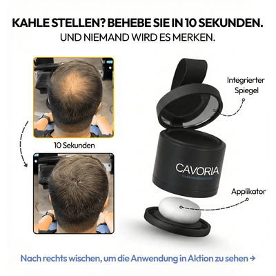 CAVORIA Haar Kaschierpuder Vorher Nachher – kahle Stelle am Oberkopf in 10 Sekunden kaschiert, mit integriertem Spiegel und Applikator