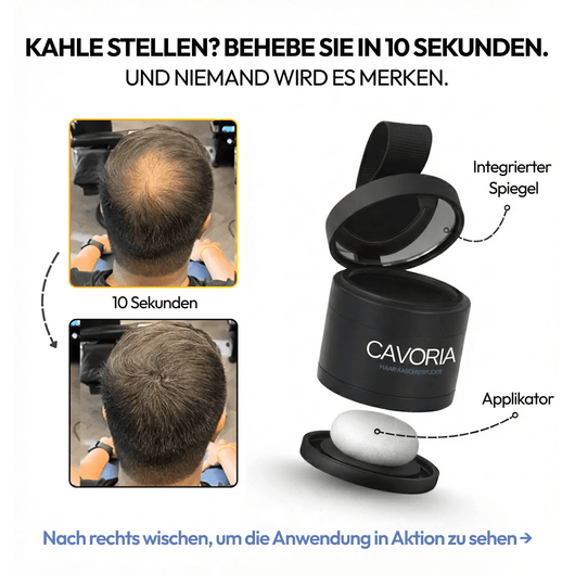 CAVORIA Haar Kaschierpuder Vorher Nachher – kahle Stelle am Oberkopf in 10 Sekunden kaschiert, mit integriertem Spiegel und Applikator